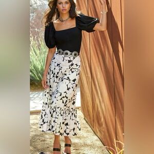 Boston Proper Black & White Floral Print Midi Skirt